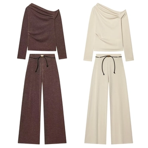Women Casual Asymmetric Ruched Long Sleeve Top And High Waist Wide Leg Pants Set Solid Color Polyester Stylish Outfit