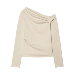 Detail of off-white long sleeve knitted top with asymmetric neckline and draped pleats