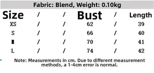 Detailed size chart for women's blend camisole showing XS to L measurements and weight info