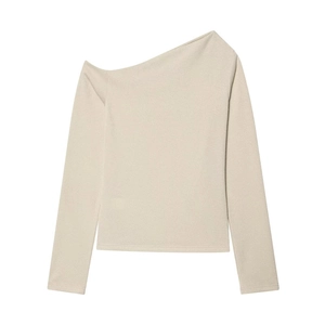 Detailed view of apricot asymmetric off-shoulder long sleeve top with knit texture