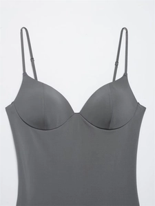 Detailed view of dark grey camisole with adjustable straps and built-in bra cups