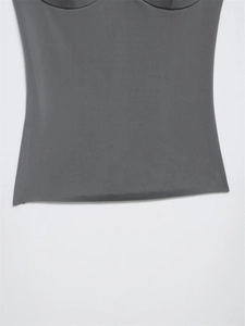 Close-up of dark grey high-stretch bodice with molded cups and slimming waist design