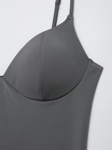 Detailed close-up of dark grey camisole with smooth seamless cups and fine stitching