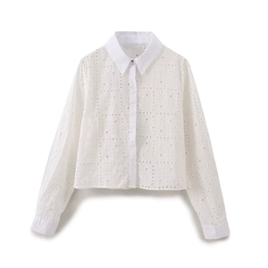 Damen Casual Weiß Lochstickerei Langarm Hemd Elegant Französisch Stil Baumwollmischung Umlegekragen Knopf Bluse Top