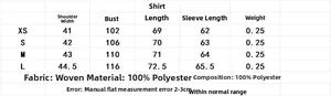 Detailed size chart for casual polyester shirts showing measurements for XS to L sizes