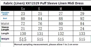 Detailed size chart for puff sleeve linen midi dress showing measurements from XS to L