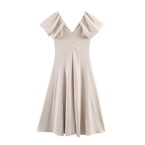 Short puff sleeve beige V-neck dress with ruffle details and A-line waist