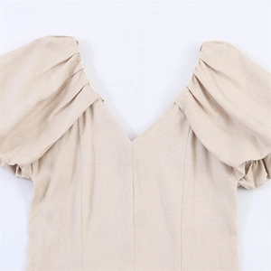 Fashionable beige V-neck blouse with puff sleeves in breathable linen fabric for women