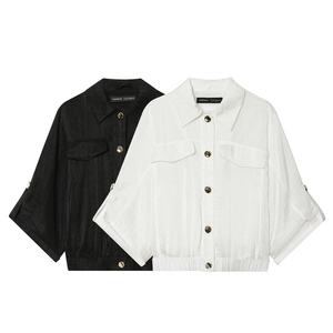 Women Casual Safari Style Blouse Vertical Texture Gold Buttons Loose Fit Lapel Roll Up Sleeve Shirt Jacket Top