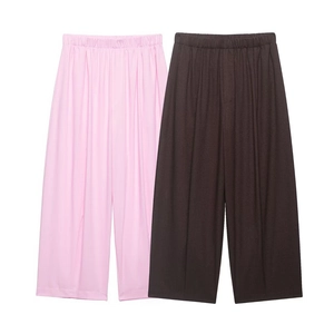 Women's casual wide leg pants set in light pink and brown with elastic waist and soft pleats