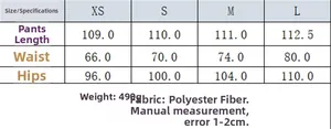 Size chart for minimalist wide-leg pants showing length, waist, and hip measurements