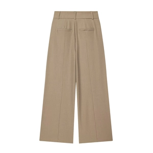 Back view of khaki high waist wide leg trousers with a minimal loose fit design