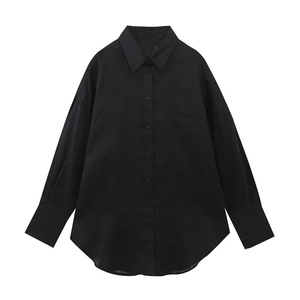 Camicia classica nera in lino a maniche lunghe con colletto a punta e taschino