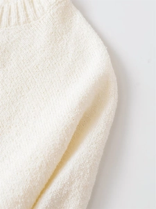 Close-up of cream white knit sweater showing fine ribbed neckline and soft texture details