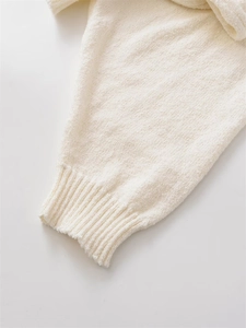 Detail of soft cream knitted fabric showing ribbed cuffs and textured stitch pattern