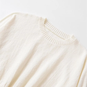 Minimalist white round neck knit sweater with soft texture and ribbed collar detail