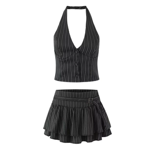 Women's 2-piece pinstripe set featuring a halter vest and pleated mini skirt
