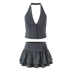Women Western Style Halter Neck Pinstripe Vest Top And Ruffle Mini Skirt Single Breasted Sleeveless Pleated A-Line Top Skirt