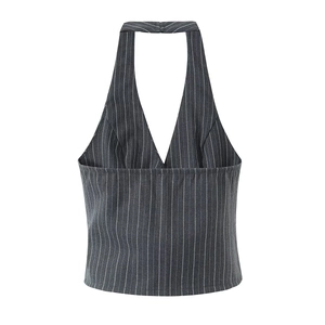 Dark grey pinstripe halter vest with V-neckline and button-up front in suit fabric