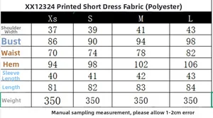Tableau des tailles détaillé pour mini robe imprimée avec mesures en centimètres de XS à L