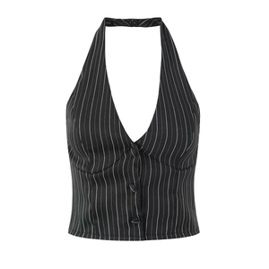 Close-up detail of black pinstripe halter vest featuring three matching front buttons