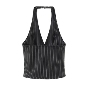 Close-up of pinstripe halter vest featuring V-neck and single-breasted button detail