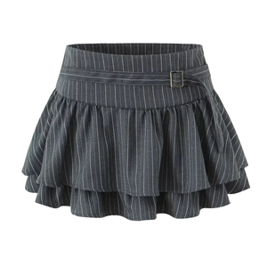 Dark grey pinstripe mini skirt with tiered ruffles and metallic square buckle belt