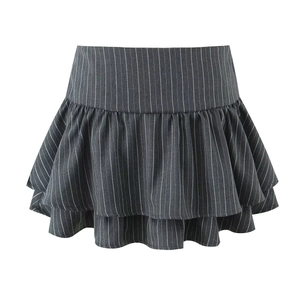 Detail of dark grey pinstripe tiered mini skirt with ruffle hem and A-line silhouette