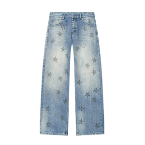 Light blue low-rise wide leg denim jeans with sparkling rhinestone star patterns