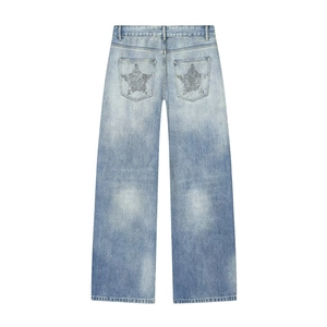 Women's light blue wide leg denim pants with sparkling star-shaped rhinestones on back