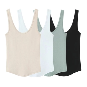 Women's slim fit cotton tank tops in nude, white, sage green, and black ribbed fabric