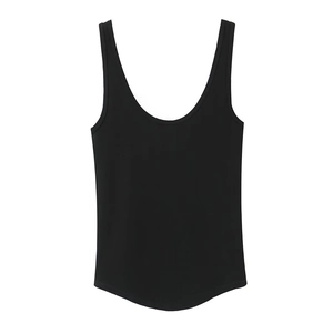 Detail view of black cotton slim-fit tank top with wide straps and curved hem