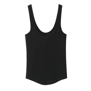 Detail of a black wide strap tank top with deep U-neckline and soft cotton texture