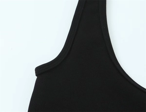 Detailed macro view of the black rib-knit texture and stitching on the wide shoulder strap