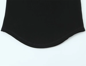 Detail view of the U-shaped curved hem on a black ribbed cotton slim-fit tank top