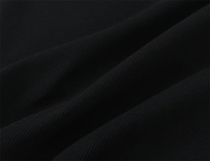 Close-up of black ribbed cotton fabric texture showing detailed knit pattern and elasticity