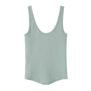 Slim fit sage green ribbed cotton tank top with wide straps and round hem for women