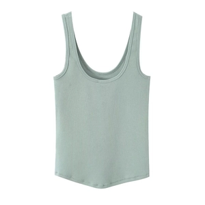 Slim fit bean green ribbed knit tank top with wide straps and curved hem on white background