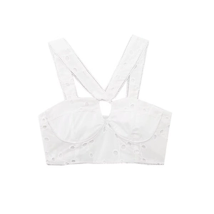 White eyelet embroidery corset top with crossover straps and teardrop cutout