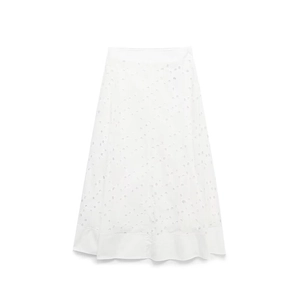 Summer white high-waist A-line midi skirt with full eyelet embroidery and scalloped hem