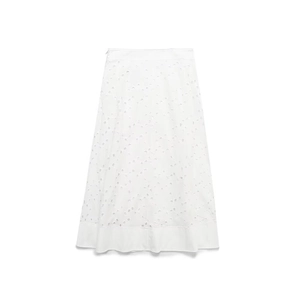 Elegant white cotton eyelet A-line maxi skirt featuring delicate floral embroidery detail