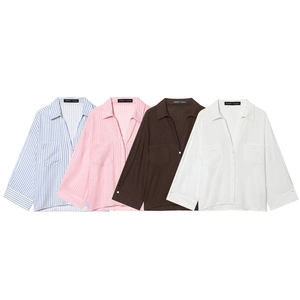 Relaxed V-neck button-up shirts for women with dual pockets in striped and solid colors