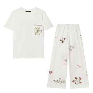 Damen Casual Weiß Polyester T-Shirt Und Weites Bein Hose Set Mit Blumenstickerei Und Spitze Hohl Details Top And Bottom