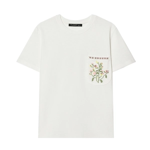 Weißes Kurzarm-T-Shirt mit Rundhalsausschnitt und Brusttasche mit Blumenstickerei