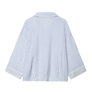Relaxed fit blue and white striped long sleeve shirt for women with a back-view perspective