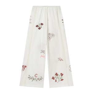 Weiße Hose mit geradem Bein, Vintage-Blumenstickerei und Spitzenbesatz aus Baumwolle