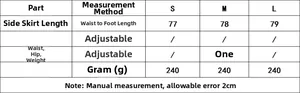 Size chart for velvet tassel skirt showing measurements for S, M, and L sizes