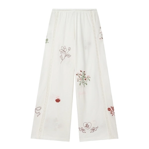Weiße Damen-Wide-Leg-Hose mit Blumenstickerei, Spitzeneinsätzen und elastischem Bund