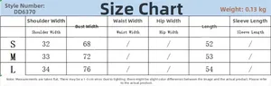 Detailed size chart for the three-color trim T-shirt with measurements for S, M, and L
