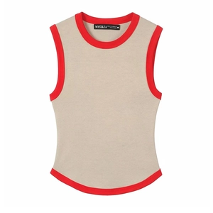 Sleeveless oatmeal knit vest for women with vibrant red contrast trim on edges